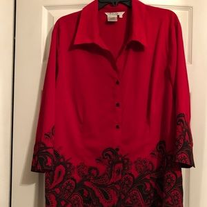 FRED DAVID Woman 2X Top Shirt 3/4 Sleeve Red Black